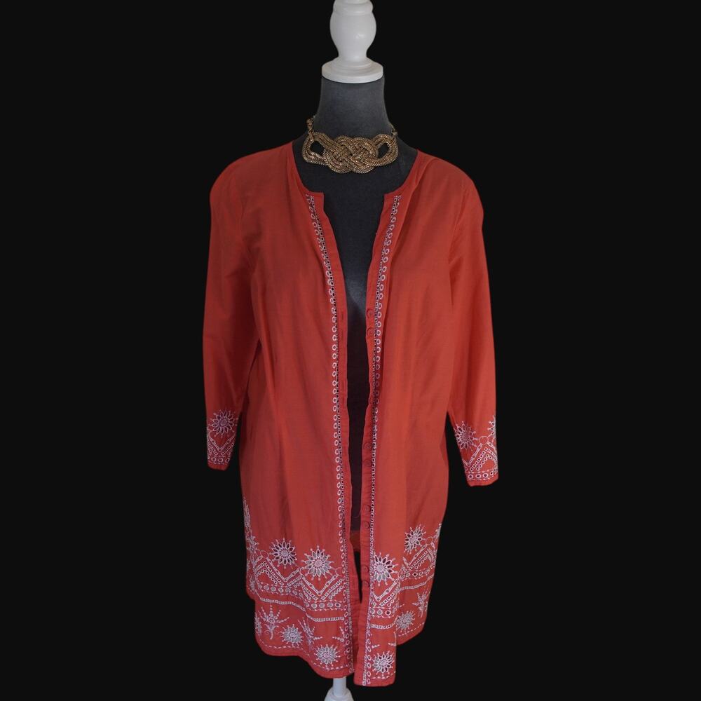 Monsoon Red Embroidered Tunic Top 12 US 100% Cotton Boho Peasant Blouse EUC